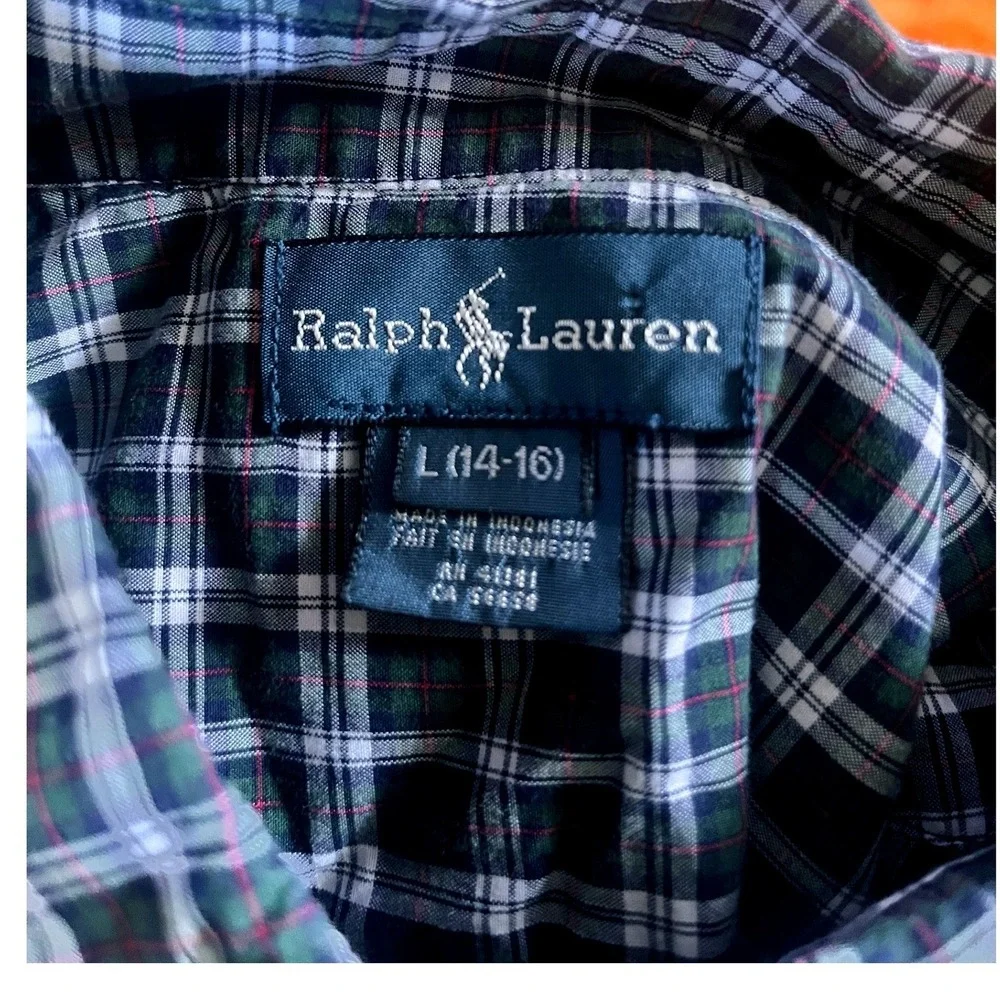 Ralph Lauren Boys Plaid Button Down‎ Shirt L 14-16 Cotton Long Sleeve
